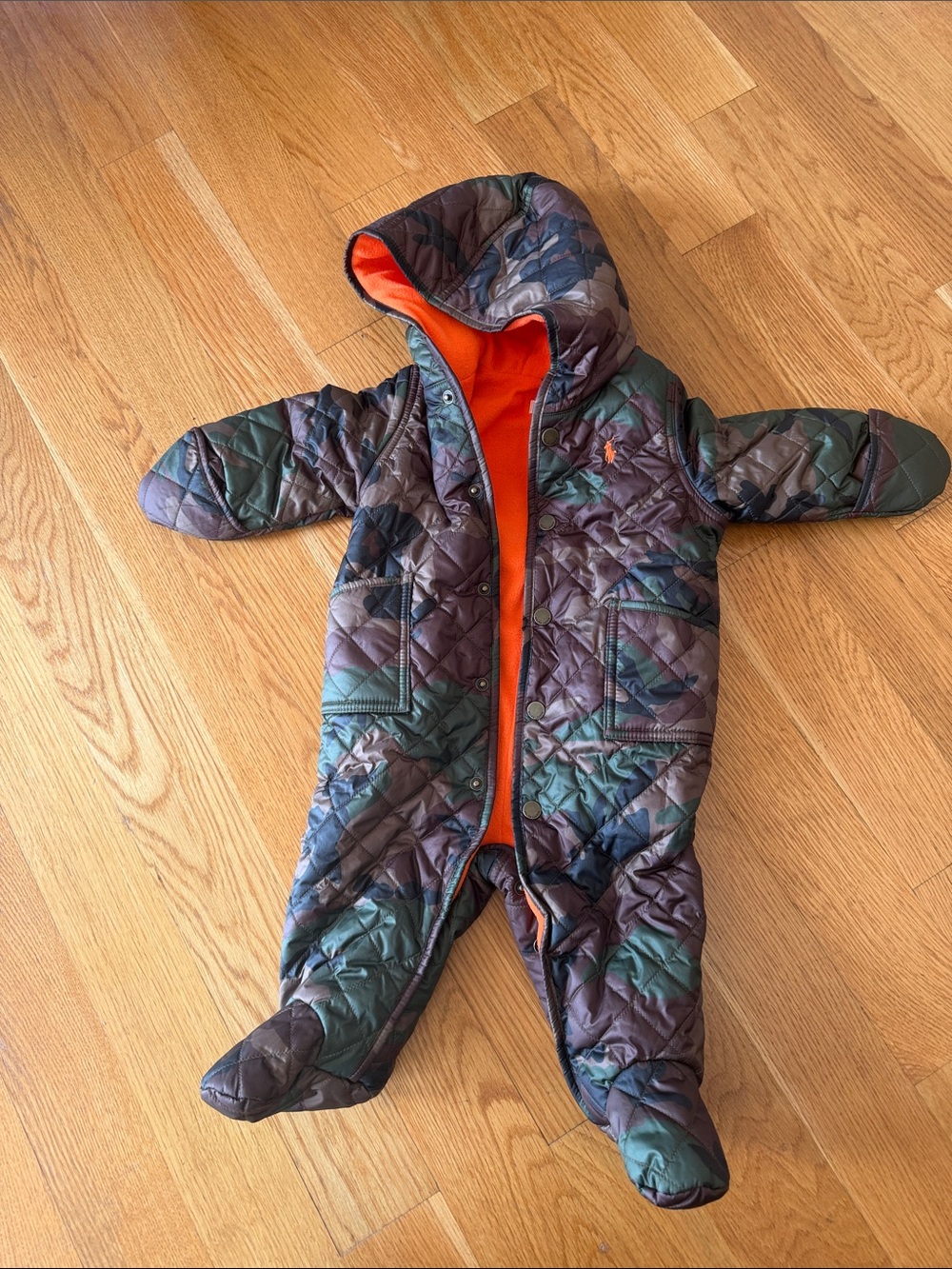 Ralph Lauren Green & Brown Camo Quilted Baby Footie with Orange Lining